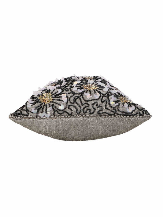 Grey, Black & Gold Floral Embellished Faux Silk Potli