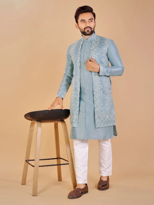 Sky Blue Banglori Silk Kurta With Pajama Set Wedding Party Wear Kurtas 16-SP18