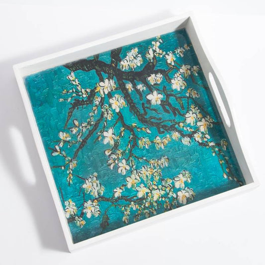 White Blossoms Square Serving Tray