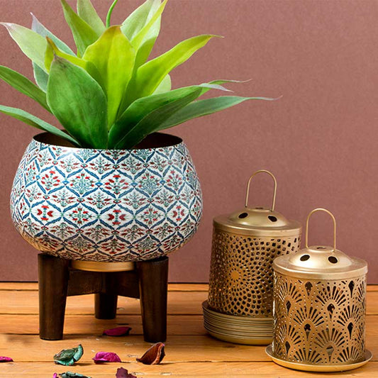 Red Anatolian Decorative Tulip Print Planter With Wooden Stand