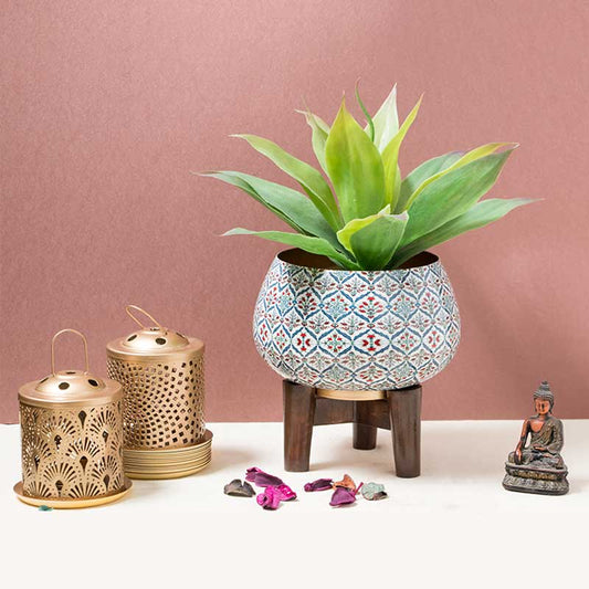 Red Anatolian Decorative Tulip Print Planter With Wooden Stand