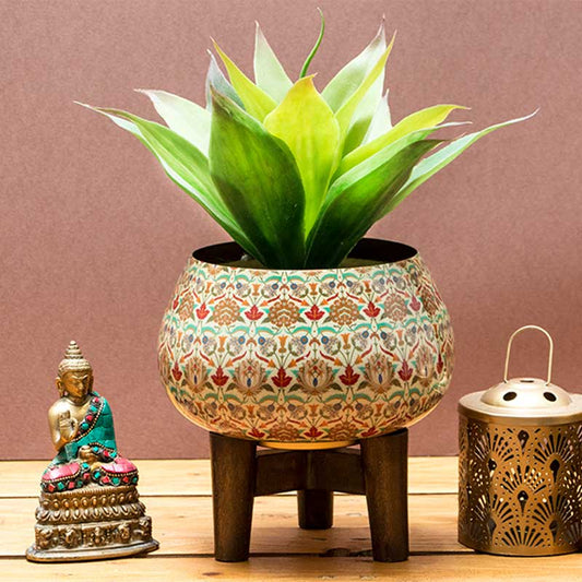 Indian Summer Floral Print Planter With Wooden Stand