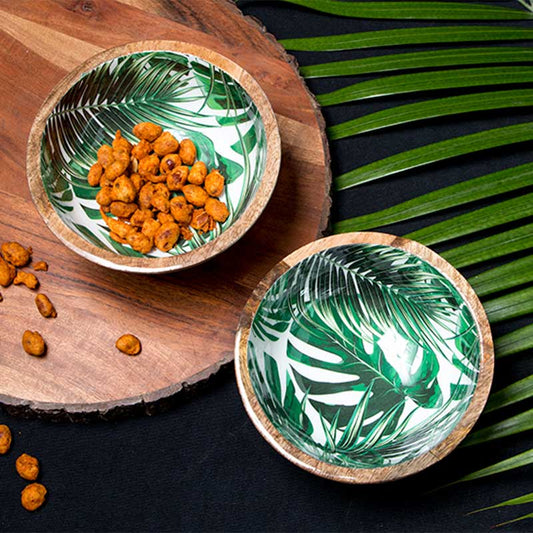 Refreshing Palm Leaf Print Mango Wood Snack Bowl | Set Of 2