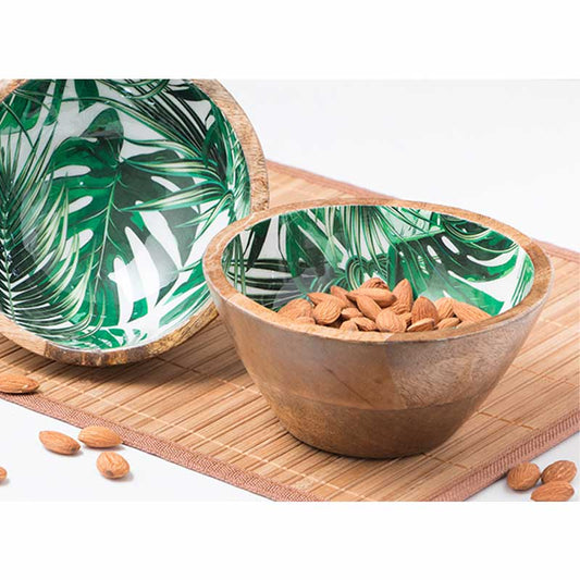 Refreshing Palm Leaf Print Mango Wood Snack Bowl | Set Of 2