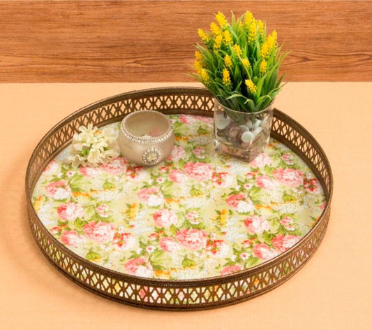 Vintage Green Floral Print Round Tray | Large