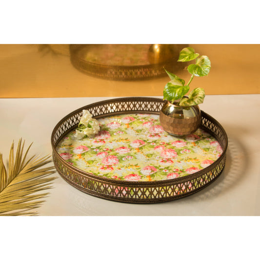 Vintage Green Floral Print Round Tray | Large