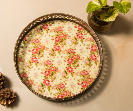 Vintage Yellow Floral Print Round Tray  | Medium