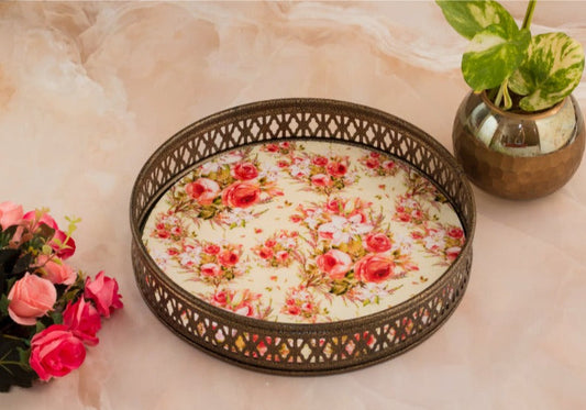 Vintage Red & Off White Floral Print Round Tray  | Small