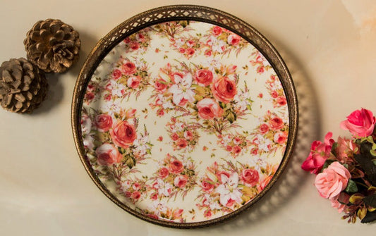 Vintage Red & Off White Floral Print Round Tray  | Small