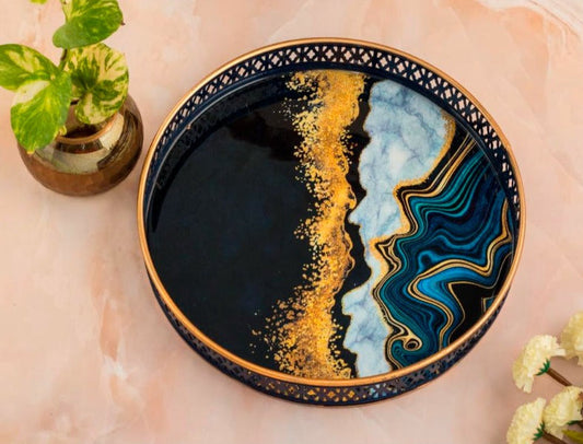 Royal Blue Abstract Print Round Tray | Medium