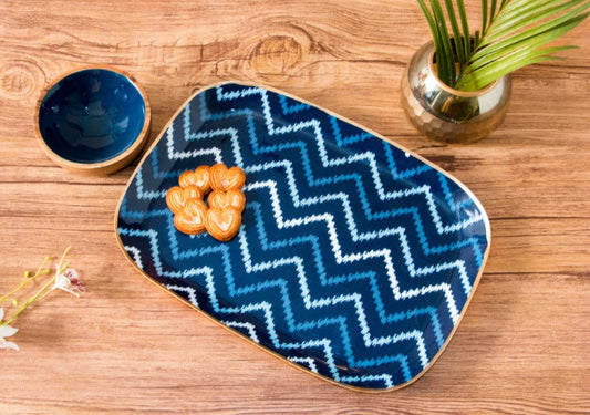 Blue Ikkat Platter with Wooden Bowl