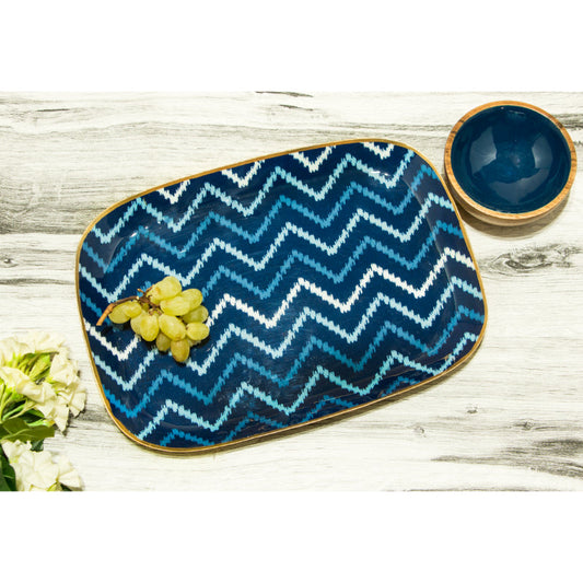 Blue Ikkat Platter with Wooden Bowl