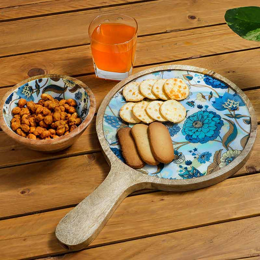 Blue Round Floral Wooden Platter