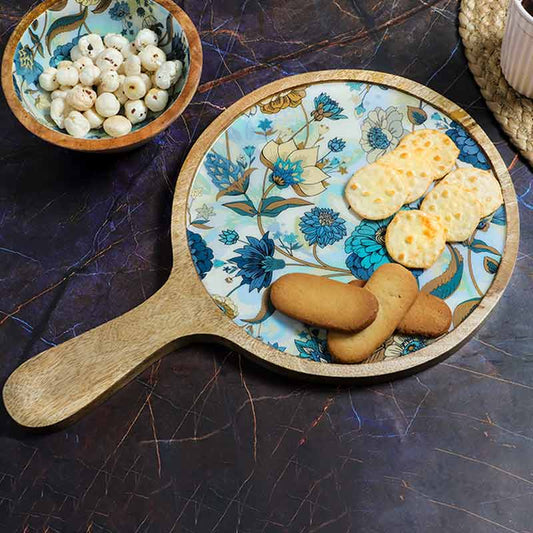 Blue Round Floral Wooden Platter