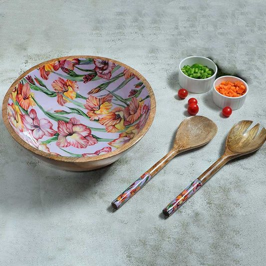 Gladiolus Harmony Print Wooden Salad Bowl With 2 Servers