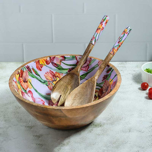 Gladiolus Harmony Print Wooden Salad Bowl With 2 Servers