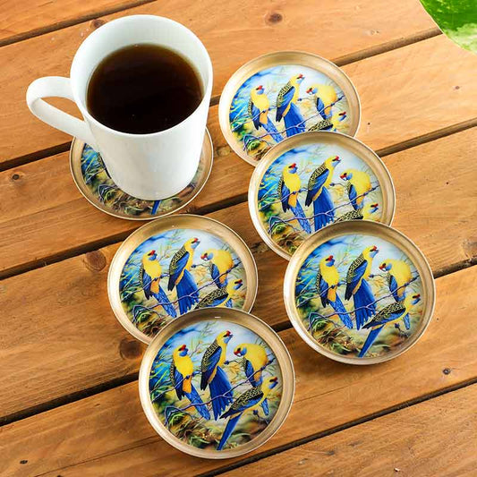 Vibrant Parakeet Print Metal Coasters | Set Of 6