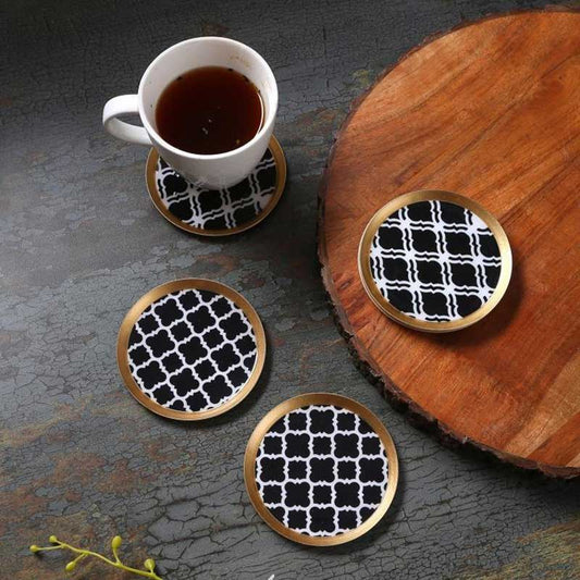 Round Classic  Black Print Metal Coasters | Set Of 6