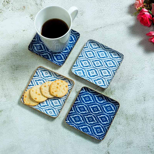 Square Blue & White Ikat Print Metal Coasters | Set Of 4