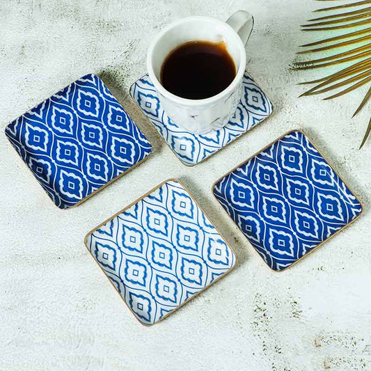 Square Blue & White Ikat Print Metal Coasters | Set Of 4