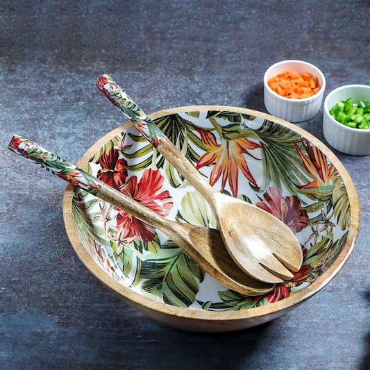 Tropical Paradise Print Wooden Salad Bowl With 2 Servers