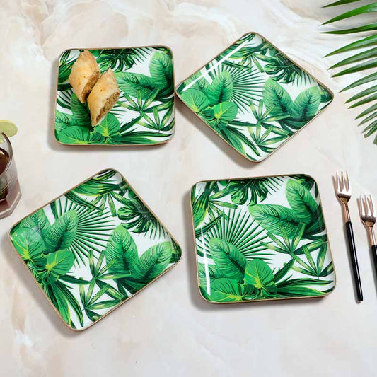 Suqare Tropical Paradise Palm Leaf Print Metal Plates | Set Of 4