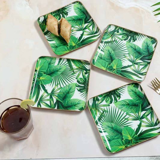 Suqare Tropical Paradise Palm Leaf Print Metal Plates | Set Of 4