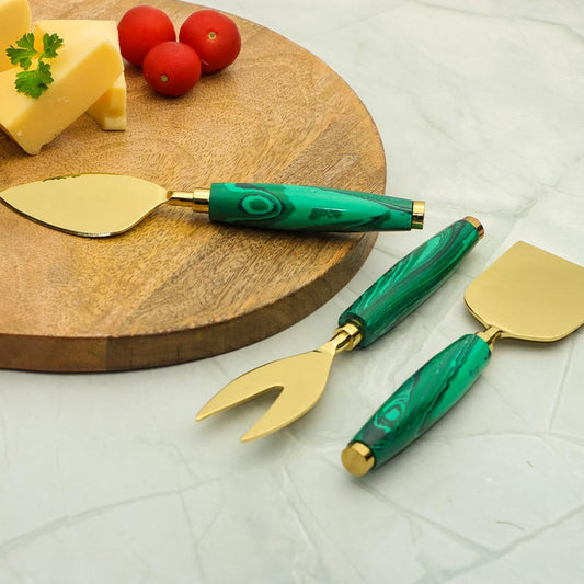 Green Stone Dust With Stainless Steel Cheese Server | Set Of 3