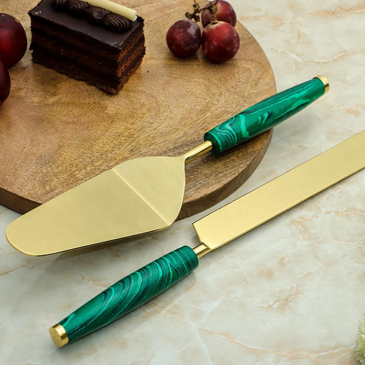 Green Stone Dust With Stainless Steel Cake Server | Set Of 2