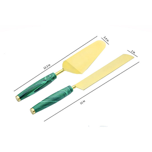 Green Stone Dust With Stainless Steel Cake Server | Set Of 2