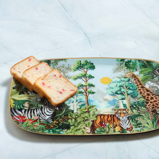 Rectangle Shaped Jungle Safari Print Metal Platter With Wooden Dip Bowl