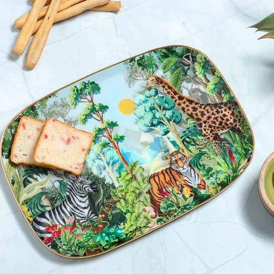 Rectangle Shaped Jungle Safari Print Metal Platter With Wooden Dip Bowl