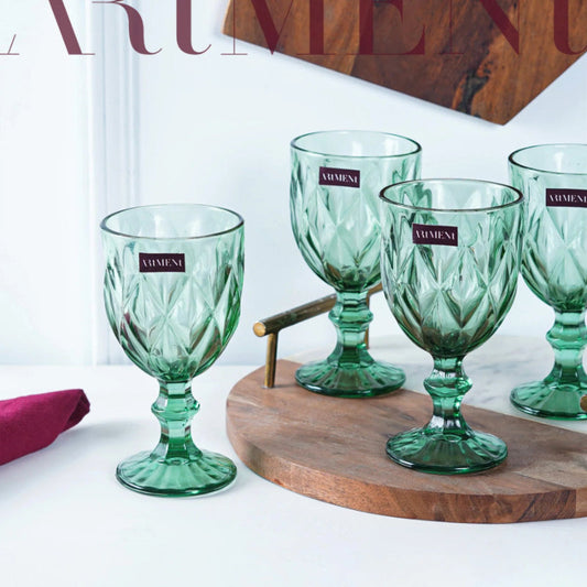 Green Checked Chalice Wine Goblets | Set of 4, 8 | 350ml