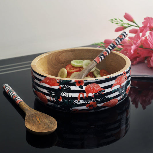 Tropical Flamingo Wooden Salad Bowl With Servers Set