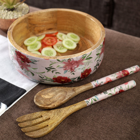 Floral Wooden Salad Bowl Set with Servers