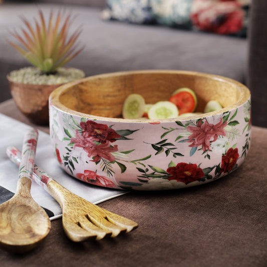 Floral Wooden Salad Bowl Set with Servers