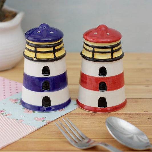 Nautical Red & Blue Lighthouse Salt and Pepper Shakers | Set of 2