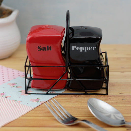 Bold Red and Black Salt and Pepper Set with Iron Basket