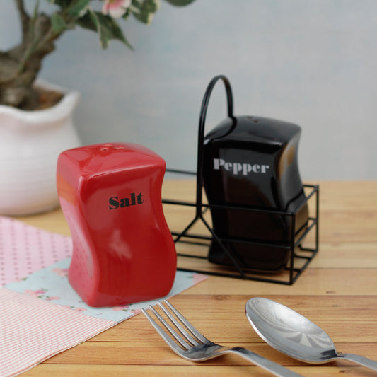 Bold Red and Black Salt and Pepper Set with Iron Basket