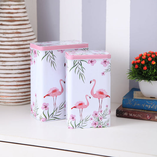 Tall White Flamingo Metal Tins | Set Of 2