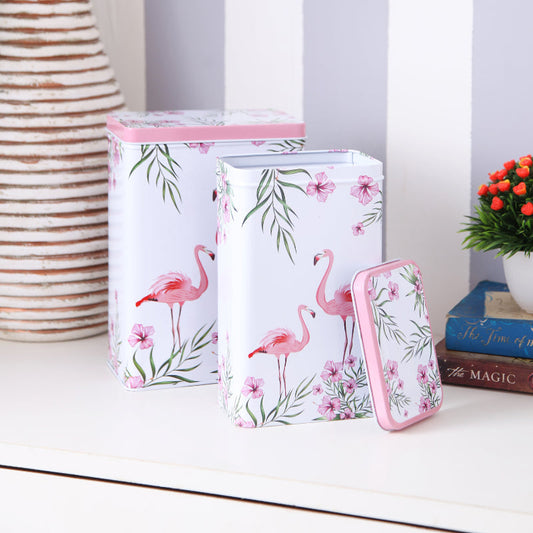 Tall White Flamingo Metal Tins | Set Of 2