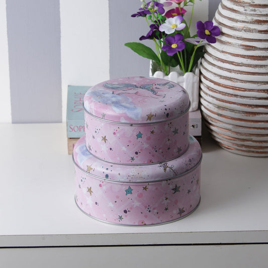 Magical Round Starry Unicorn Pink Storage Tins | Set of 2