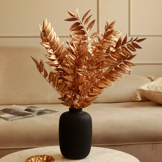 Midnight Gilded Black Sigma Ribbed Vase with Artificial Golden Leaves Stems