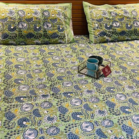 Green Floral South Cotton Bedsheet |  Double Size