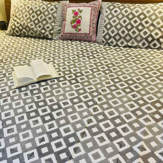 Grey Geometric Print Premium Cotton Bedsheet |  Double Size