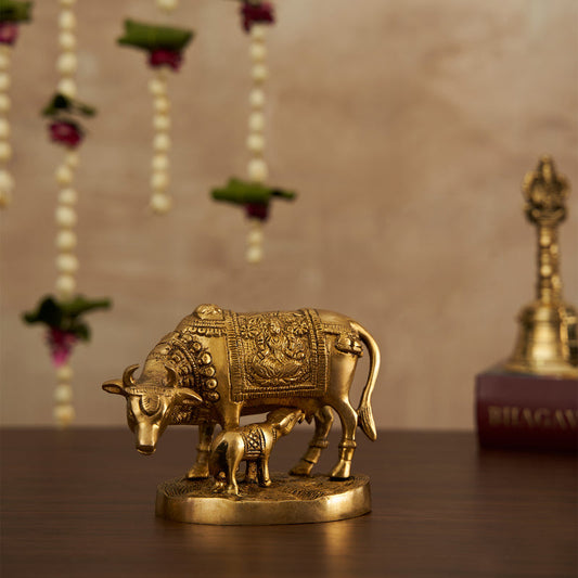 Brass Kamdhenu Cow and Calf Idol Figurine Showpiece
