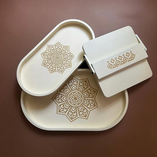 Ivory White Oval Tray Set With Tissue Tray