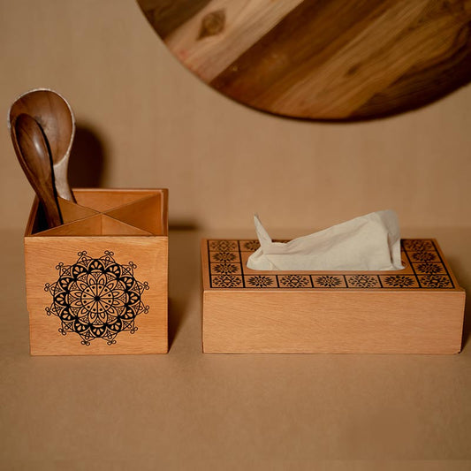 Wooden Tissue Box With Spoon Stand Combo