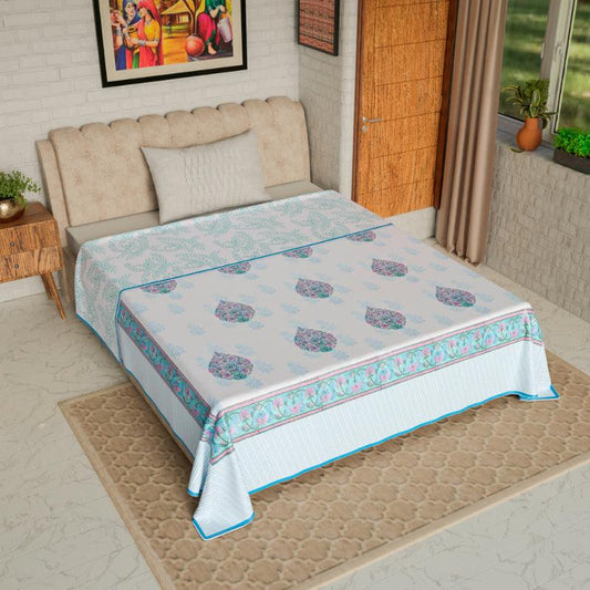 Blue & Purple Bouquet Hand Block Printed Cotton Dohar | Single Bed