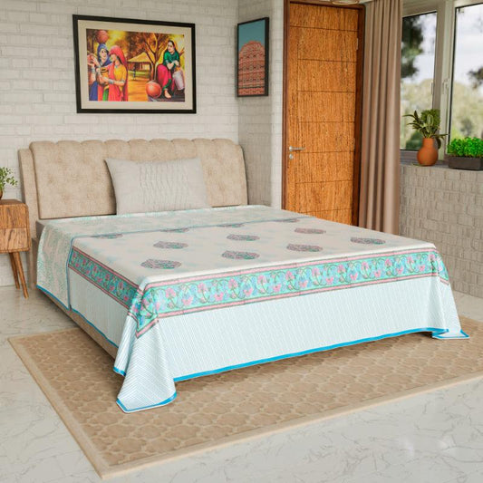 Blue & Purple Bouquet Hand Block Printed Cotton Dohar | Single Bed